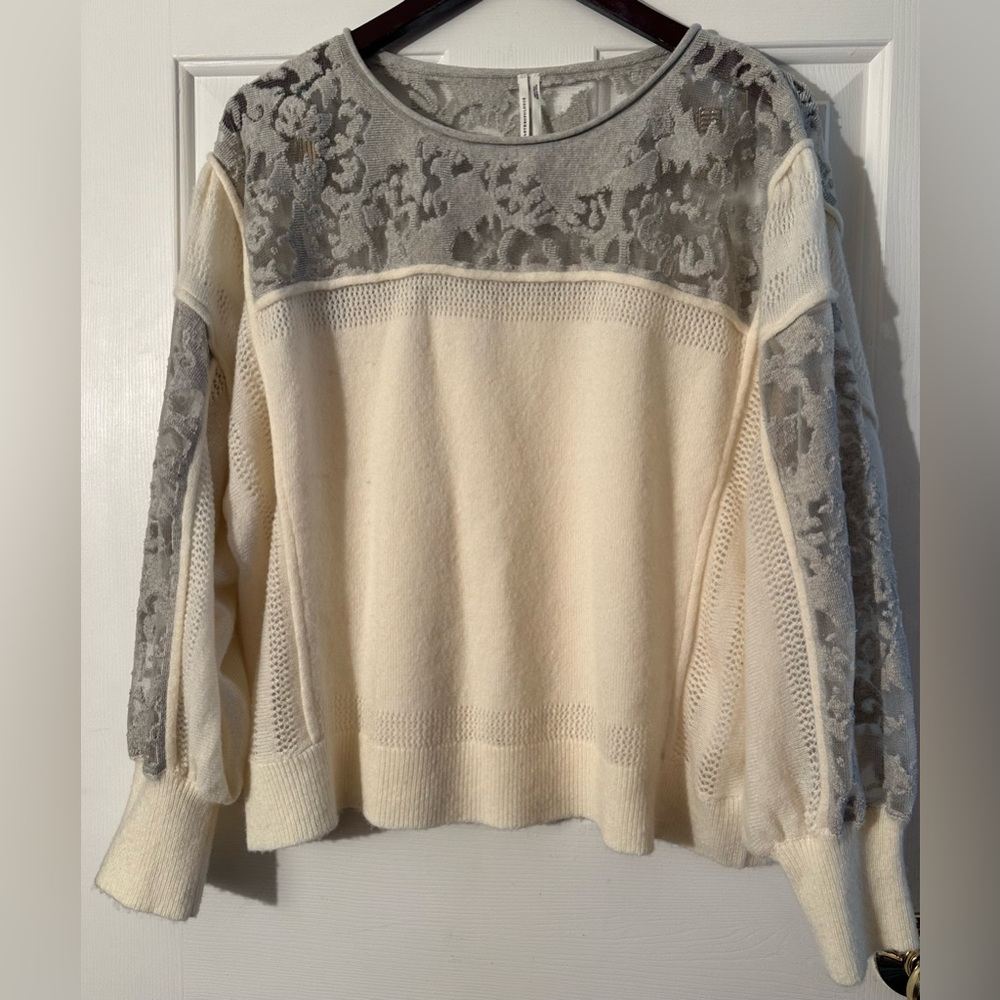 ANTHROPOLOGIE Plus 1X Ivory Pewter Balloon Sleeve Wool Blend Boho Lace Sweater - Picture 6 of 16